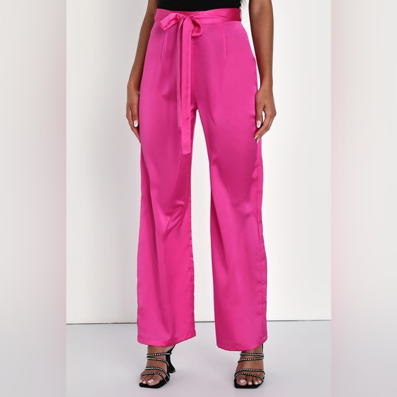 NEW: Lulus Truest Trend Fuchsia Satin Paper Bag Wide-Leg Pants - Picture 7 of 16